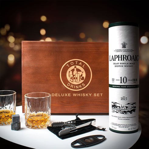 Laphroaig 10 Year Old Whisky 70cl Wooden Gift Box with Accessories